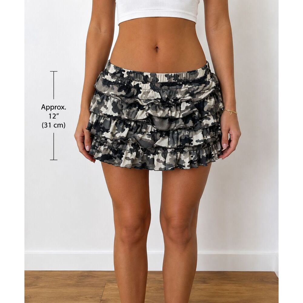 Y2K Rhapsody Gray Camo Tiered Ruffle Mini Skirt Zip Back NWOT Medium